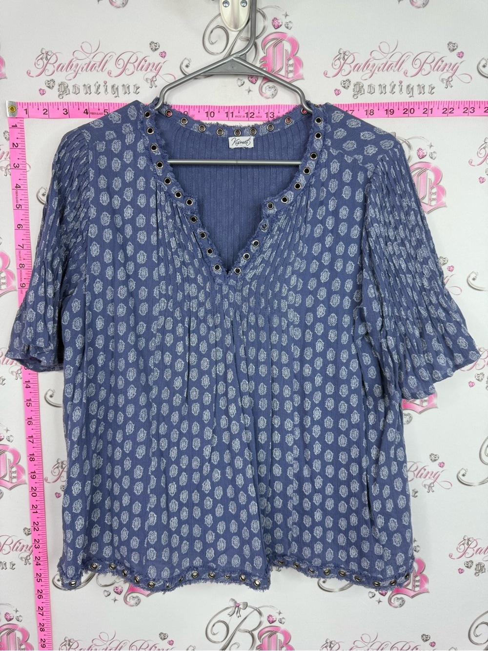 Kismet Blue Printed Short-Sleeve Peasant Blouse